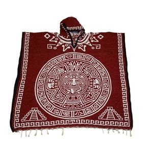 Mexican Poncho with Aztec Warrior and Calendar Design | Red